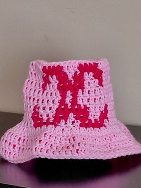 Handmade Pink Crocheted Bucket Hat with Hot Pink Pattern